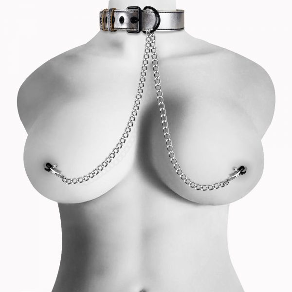 Metallic Silver Collar With Nipple Clamp