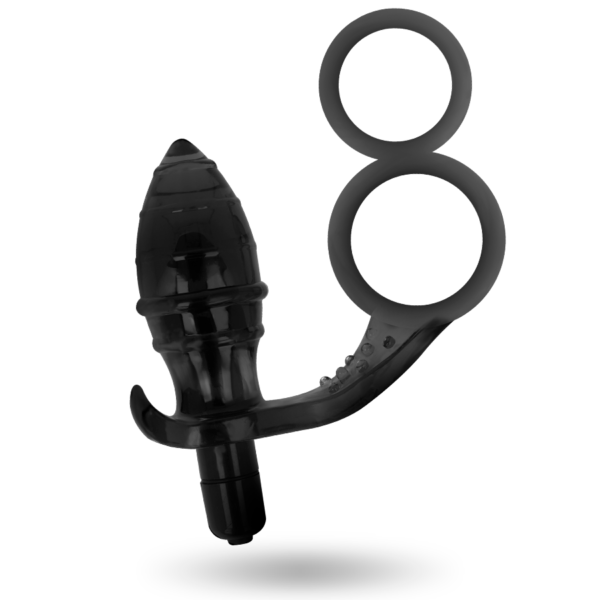 Addicted Toys Butt Plug With Cock Ring and Ball Strap Black