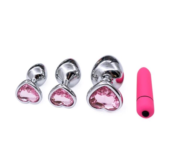 3Pc Silver Metal & Pink Jeweled Butt Plug Set With Bullet Vibe - Image 2
