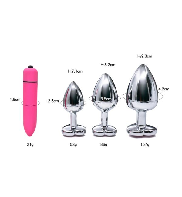 3Pc Silver Metal & Pink Jeweled Butt Plug Set With Bullet Vibe - Image 3