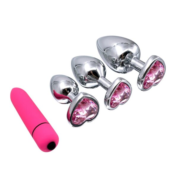 3Pc Silver Metal & Pink Jeweled Butt Plug Set With Bullet Vibe