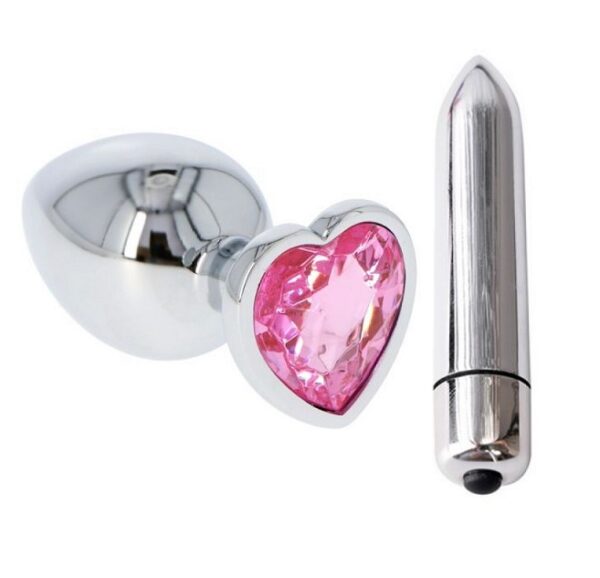 Silver & Pink Heart Jeweled Butt Plug & Bullet Vibe Large