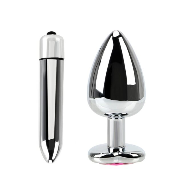 Silver & Pink Heart Jeweled Butt Plug & Bullet Vibe Large - Image 2