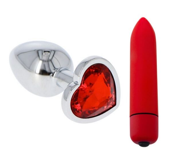 Silver & Red Heart Jeweled Butt Plug & Red Bullet Vibe Small