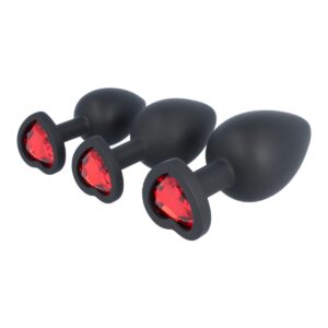 Virgite - Silicone Butt Plug Set Black With Ruby Heart E14