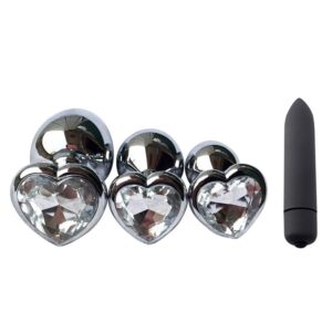 3Pc Silver Metal & Crystal Jeweled Butt Plug Set With Black Bullet Vibe