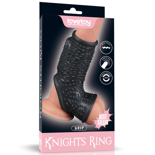 Lovetoy - Vibrating Drip Knights Cock Ring with Scrotum Sleeve Black