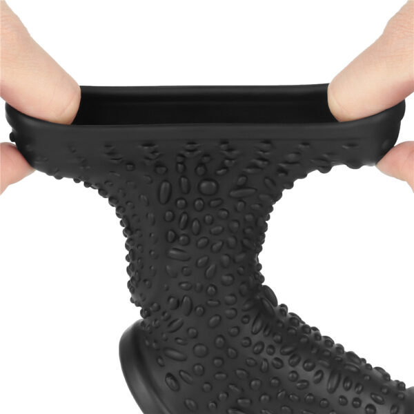 Lovetoy - Vibrating Drip Knights Cock Ring with Scrotum Sleeve Black - Image 8