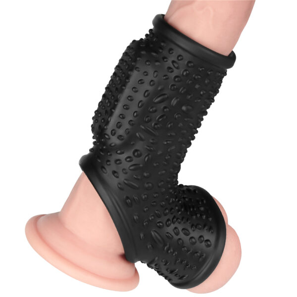 Lovetoy - Vibrating Drip Knights Cock Ring with Scrotum Sleeve Black - Image 5