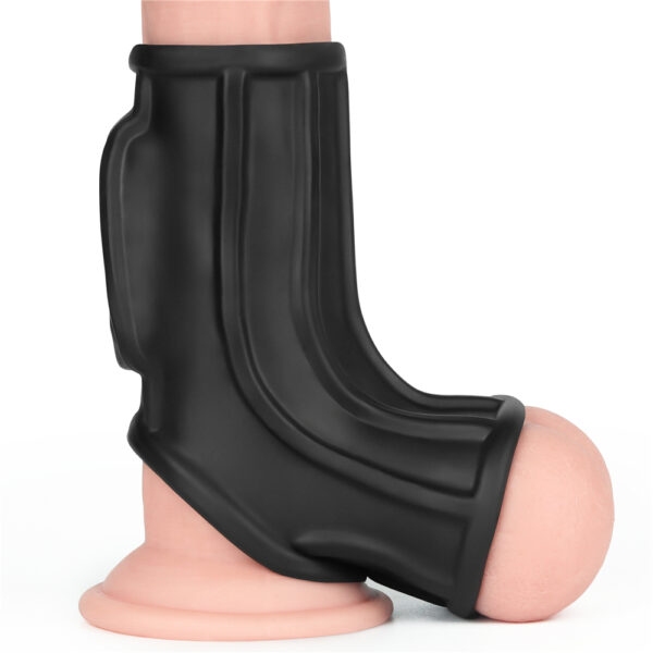 Lovetoy - Vibrating Ridge Knights Cock Ring with Scrotum Sleeve Black - Image 7