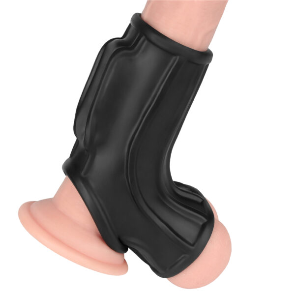 Lovetoy - Vibrating Ridge Knights Cock Ring with Scrotum Sleeve Black - Image 8