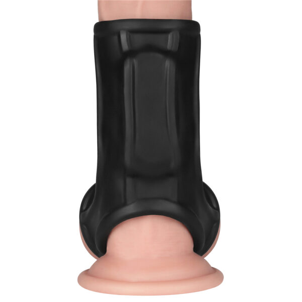 Lovetoy - Vibrating Ridge Knights Cock Ring with Scrotum Sleeve Black - Image 9