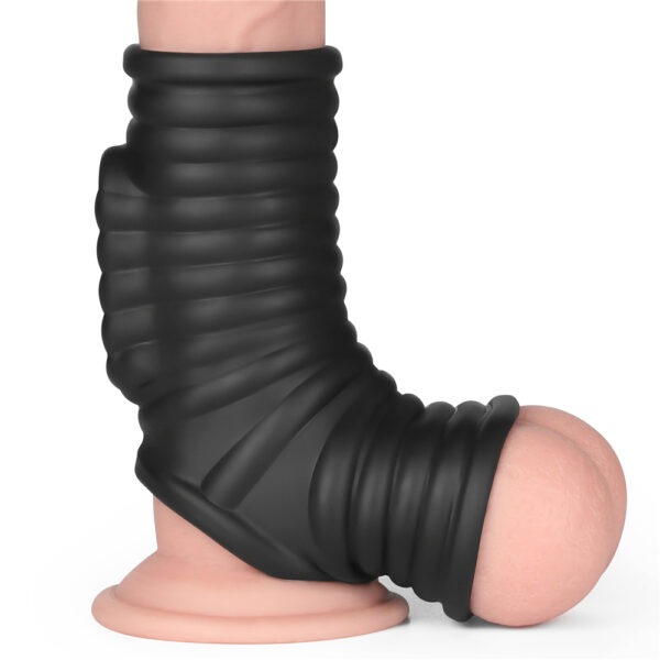 Lovetoy - Vibrating Wave Knights Cock Ring with Scrotum Sleeve Black - Image 9