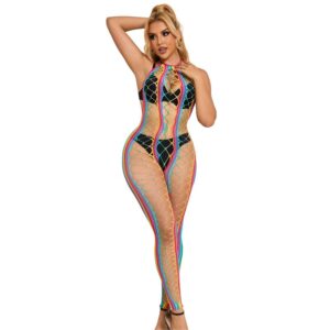 Subblime - Rainbow Fishnet Halter Neck Bodystocking One Size