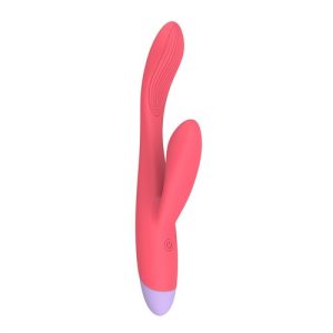 Dreamtoys Double Beat Duo Rabbit Vibrator shown upright against a white background, displaying the dual-motor silicone body with curved insertable shaft and clitoral stimulator arm.