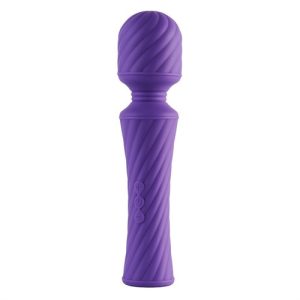 Purple Dreamtoys Buzzing Wand Vibrator shown upright against a white background, displaying the long handle, flexible swivel head, and thick rounded vibrating tip.