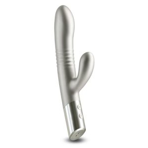 Metallic champagne NS Novelties Grace Rabbit Vibrator shown upright against a white background, displaying the shimmering plush silicone body with curved insertable shaft and clitoral stimulator arm.