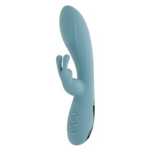 Marine blue Evolved Novelties Boss Bunny Rabbit Vibrator shown upright against a white background, displaying the curved silicone shaft with tapered tip and flexible long-eared clitoral stimulator.