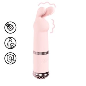 Pink Loveline Reve Rabbit Vibrator shown upright against a white background, with a compact silicone body, dual-stimulation rabbit arm, and smooth curved shaft.