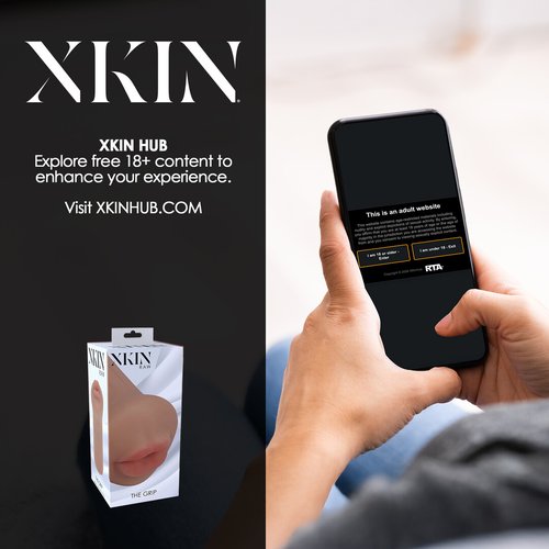 Tan-coloured XKIN Raw The Grip Blowjob Masturbator shown upright against a white background, displaying the compact TPE sleeve with realistic mouth opening.