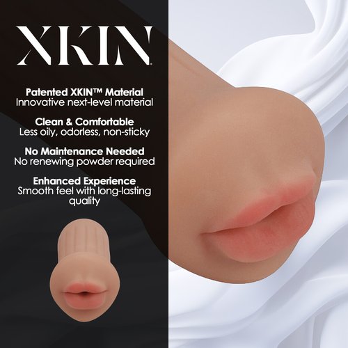 Tan-coloured XKIN Raw The Grip Blowjob Masturbator shown upright against a white background, displaying the compact TPE sleeve with realistic mouth opening.