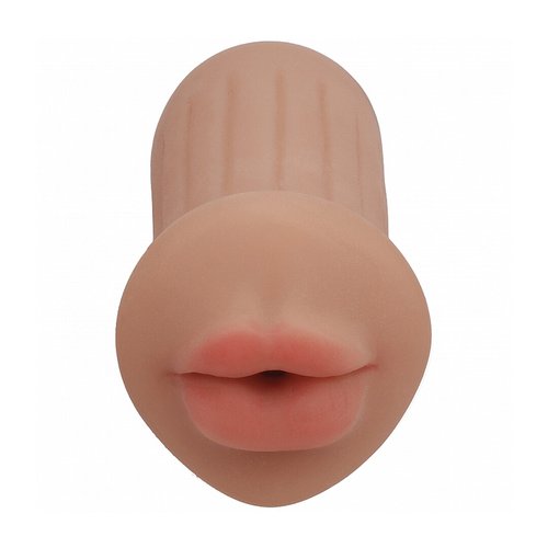 Tan-coloured XKIN Raw The Grip Blowjob Masturbator shown upright against a white background, displaying the compact TPE sleeve with realistic mouth opening.