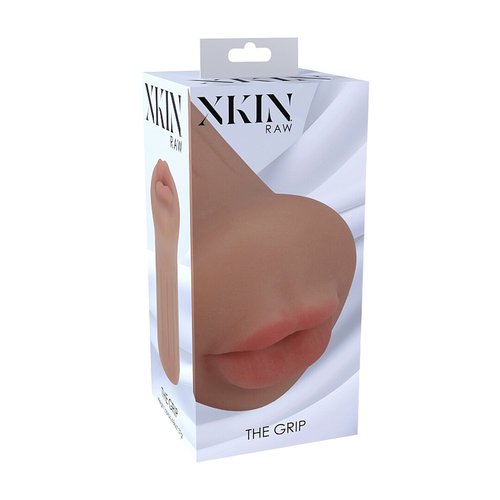 Tan-coloured XKIN Raw The Grip Blowjob Masturbator shown upright against a white background, displaying the compact TPE sleeve with realistic mouth opening.