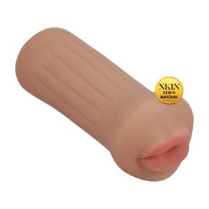 Tan-coloured XKIN Raw The Grip Blowjob Masturbator shown upright against a white background, displaying the compact TPE sleeve with realistic mouth opening.