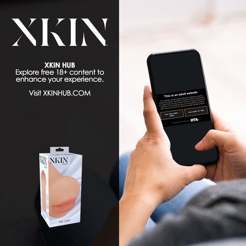 Flesh-coloured XKIN Raw The Grip Blowjob Masturbator shown upright against a white background, displaying the compact TPE sleeve with realistic mouth opening.