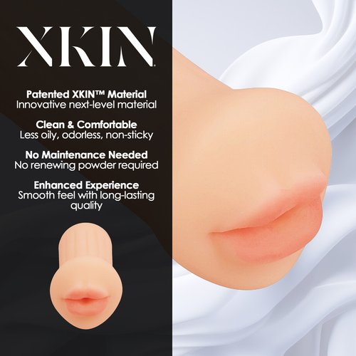 Flesh-coloured XKIN Raw The Grip Blowjob Masturbator shown upright against a white background, displaying the compact TPE sleeve with realistic mouth opening.