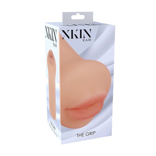 Flesh-coloured XKIN Raw The Grip Blowjob Masturbator shown upright against a white background, displaying the compact TPE sleeve with realistic mouth opening.