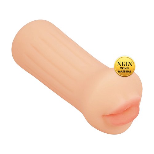 Flesh-coloured XKIN Raw The Grip Blowjob Masturbator shown upright against a white background, displaying the compact TPE sleeve with realistic mouth opening.