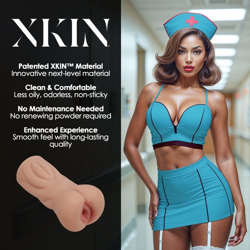 Tan XKIN Career Girls Naughty Nurse Trixie Masturbator shown upright against a white background, displaying the compact TPE sleeve with realistic vaginal opening.