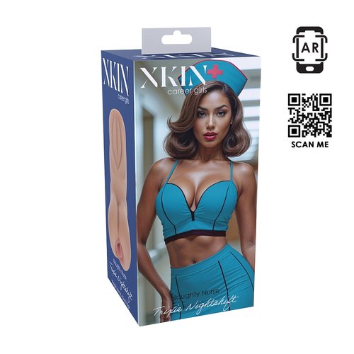 Tan XKIN Career Girls Naughty Nurse Trixie Masturbator shown upright against a white background, displaying the compact TPE sleeve with realistic vaginal opening.