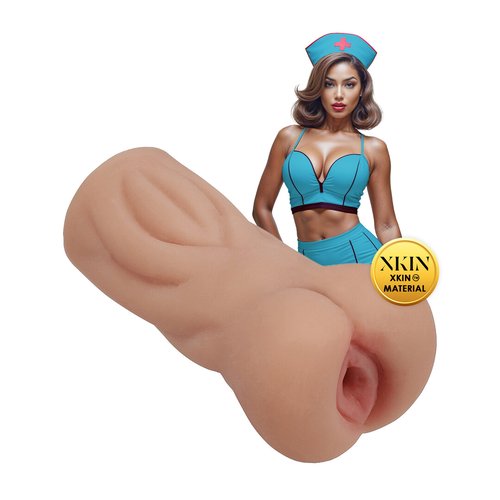 Tan XKIN Career Girls Naughty Nurse Trixie Masturbator shown upright against a white background, displaying the compact TPE sleeve with realistic vaginal opening.