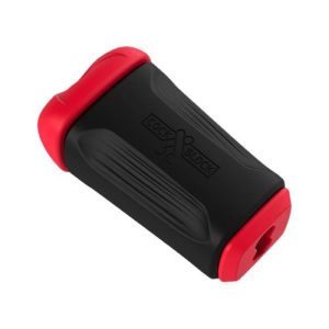 CockBlock Toys Frot Dual Masturbator shown against a white background, displaying the firm black silicone outer casing and red TPE inner sleeve with dual-channel openings.