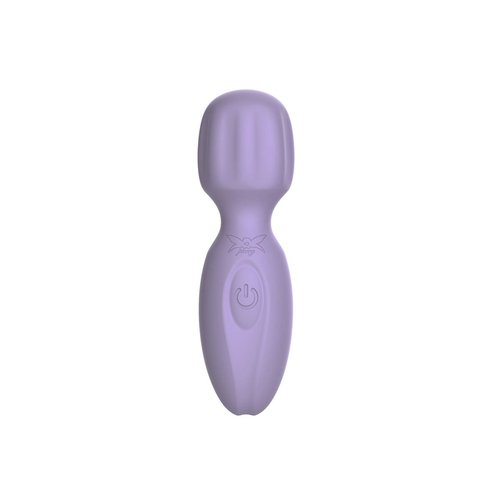 Lillia Purple Pixey Powerful Mini 2GO Wand Vibrator shown upright against a white background, displaying the compact silicone body and rounded stimulation head.
