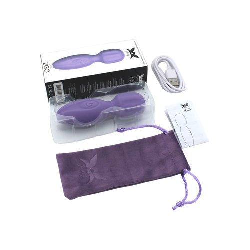 Lillia Purple Pixey Powerful Mini 2GO Wand Vibrator shown upright against a white background, displaying the compact silicone body and rounded stimulation head.