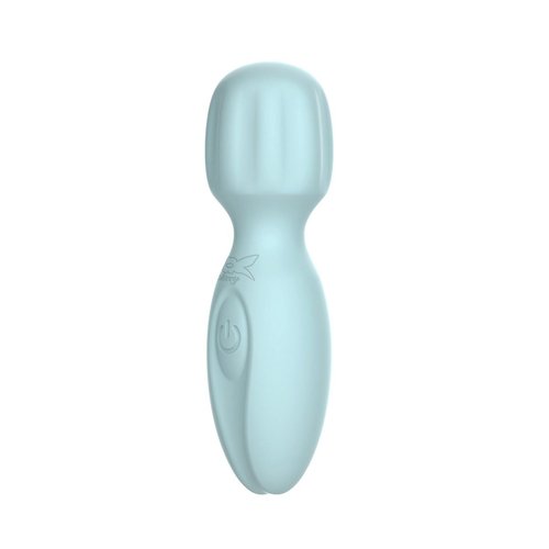 Ocean blue Pixey Powerful Mini 2GO Wand Vibrator shown upright against a white background, displaying the compact silicone body and rounded stimulation head.