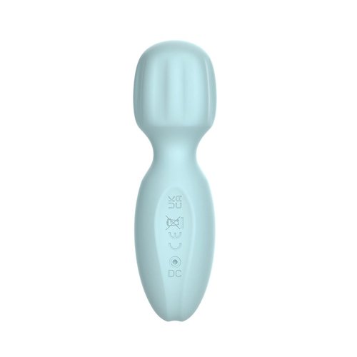 Ocean blue Pixey Powerful Mini 2GO Wand Vibrator shown upright against a white background, displaying the compact silicone body and rounded stimulation head.