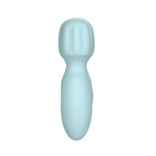 Ocean blue Pixey Powerful Mini 2GO Wand Vibrator shown upright against a white background, displaying the compact silicone body and rounded stimulation head.