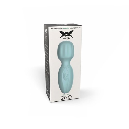 Ocean blue Pixey Powerful Mini 2GO Wand Vibrator shown upright against a white background, displaying the compact silicone body and rounded stimulation head.