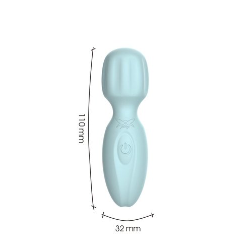 Ocean blue Pixey Powerful Mini 2GO Wand Vibrator shown upright against a white background, displaying the compact silicone body and rounded stimulation head.