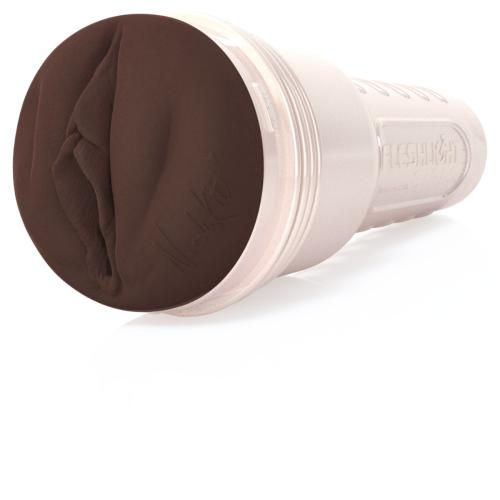 Fleshlight Girls Nicole Kitt Purrrrrfection Masturbator shown upright against a white background, displaying the hard plastic case with flesh-coloured SuperSkin sleeve and realistic entry.